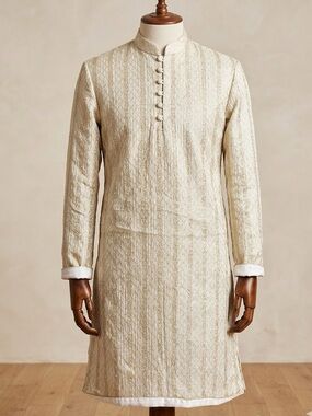 Cream Textured Kurta with Pants